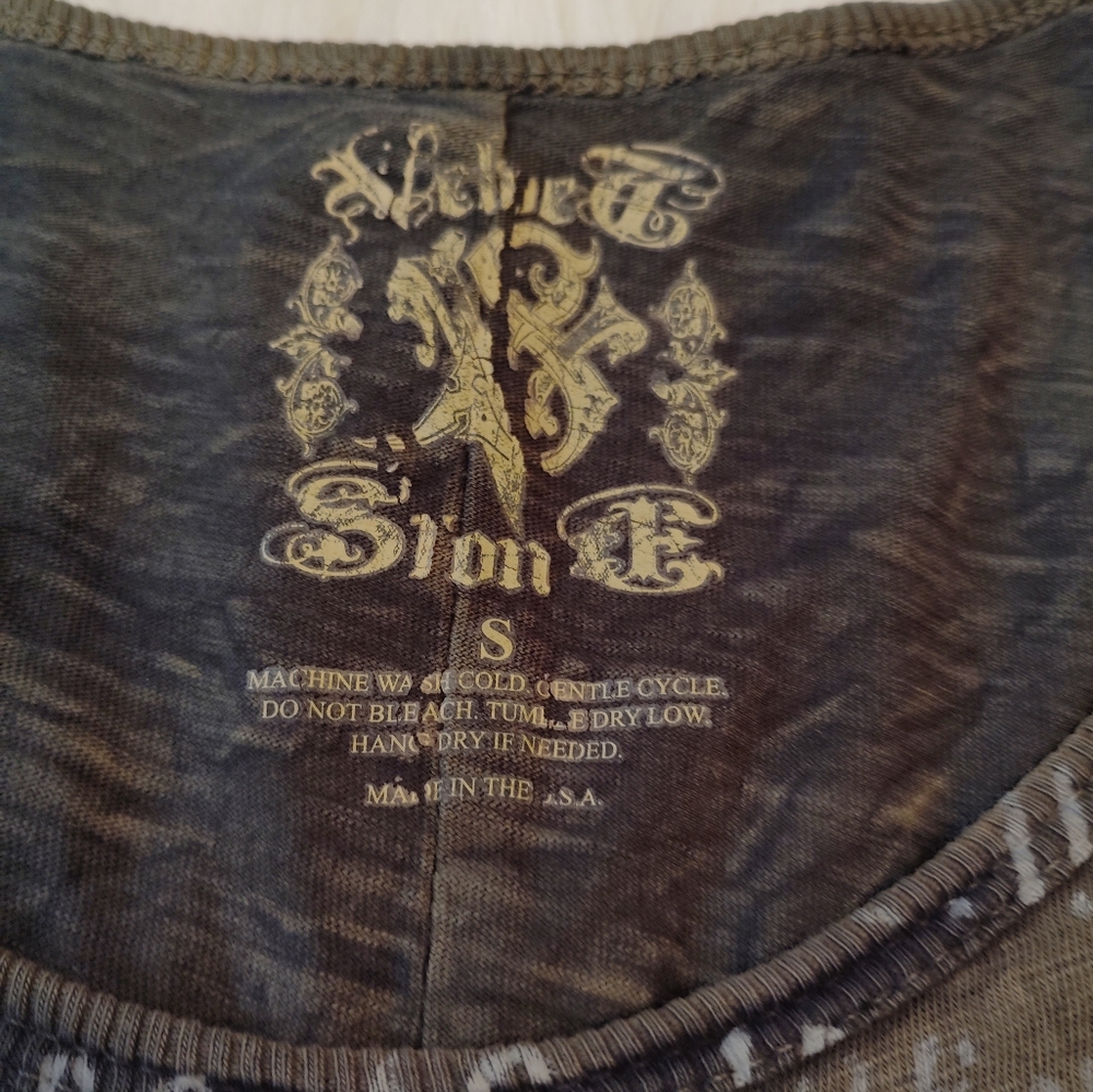 Y2K VELVET STONE ACID WASH TOP LONG SLEEVE EMBELLISHED FLEUR DE LIS BLING SMALL - Picture 4 of 10
